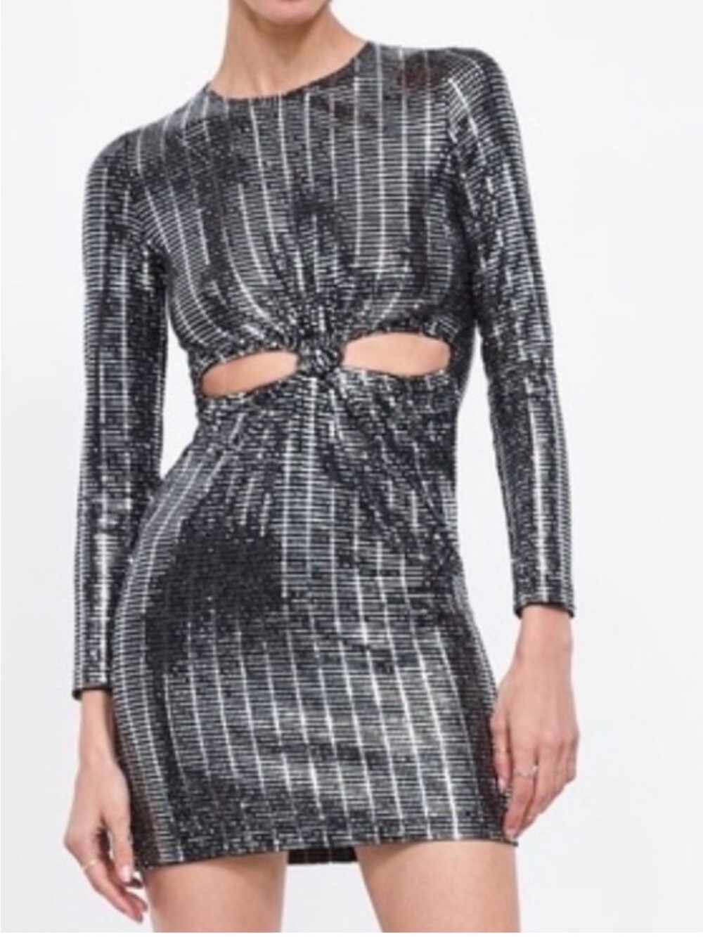 Zara Black & Silver Sequin Knot Cut Out Mini Long Sleeve Party Dress - Picture 2 of 3